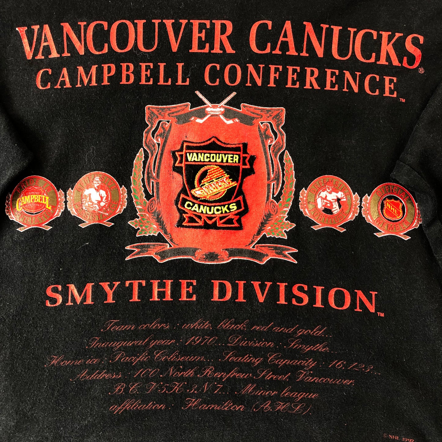 Vintage 90s USA NHL Vancouver Canucks Campbell Conference Smith Division Nutmeg Mills Long Sleeve T Shirt M