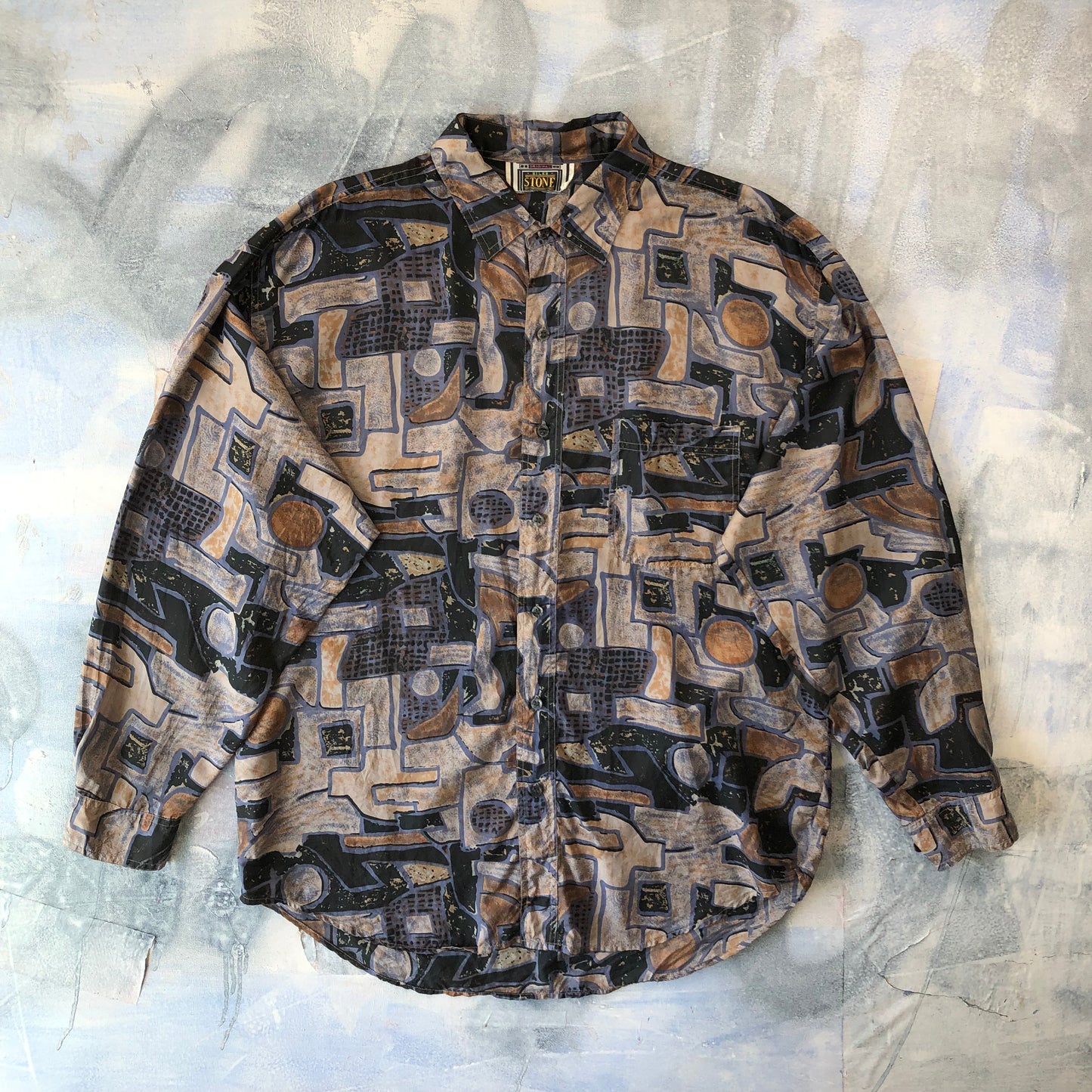 Vintage Abstract Original Silk Stone Button Shirt L