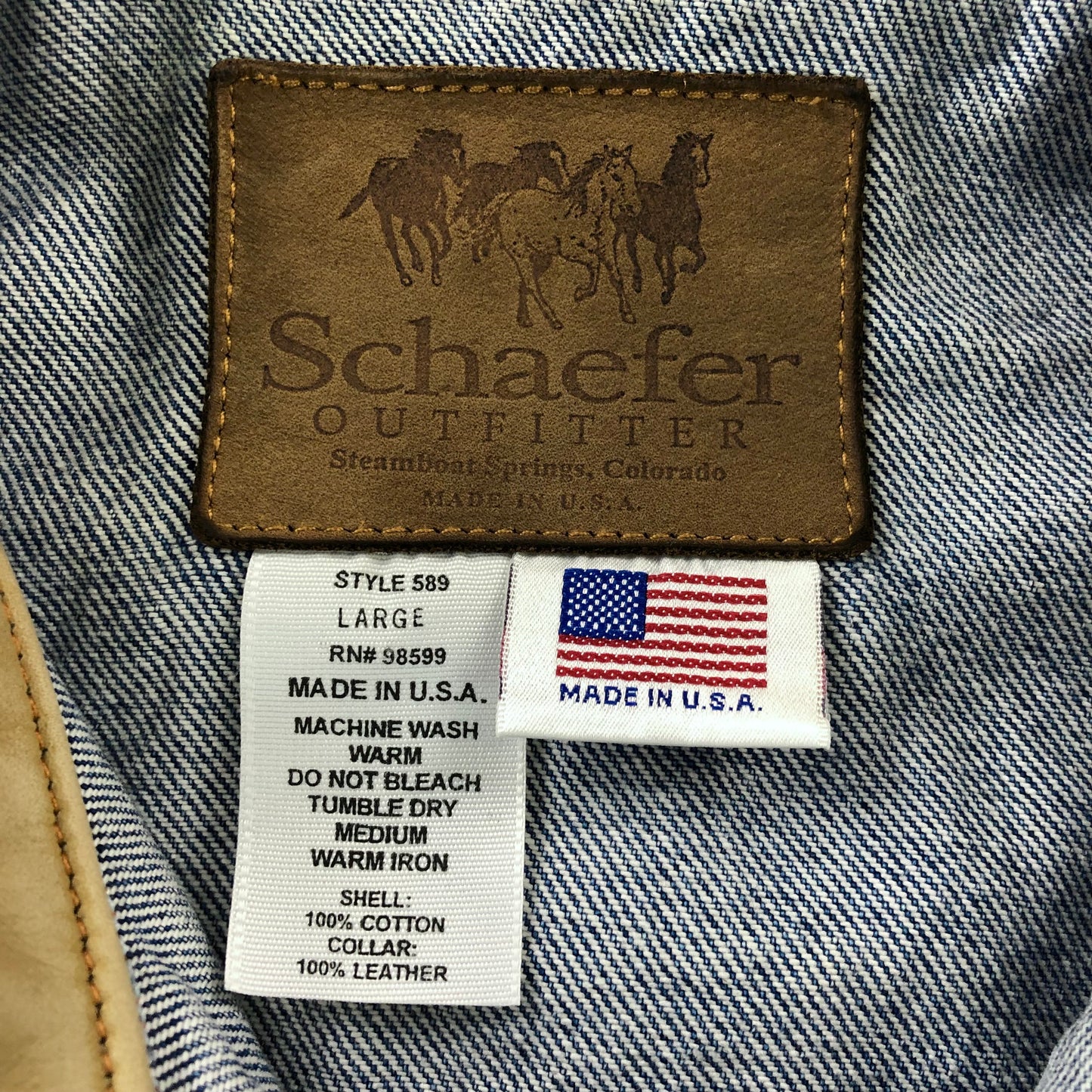 Vintage USA Schafer Outfitter Western Leather Collar Button Denim Jacket L