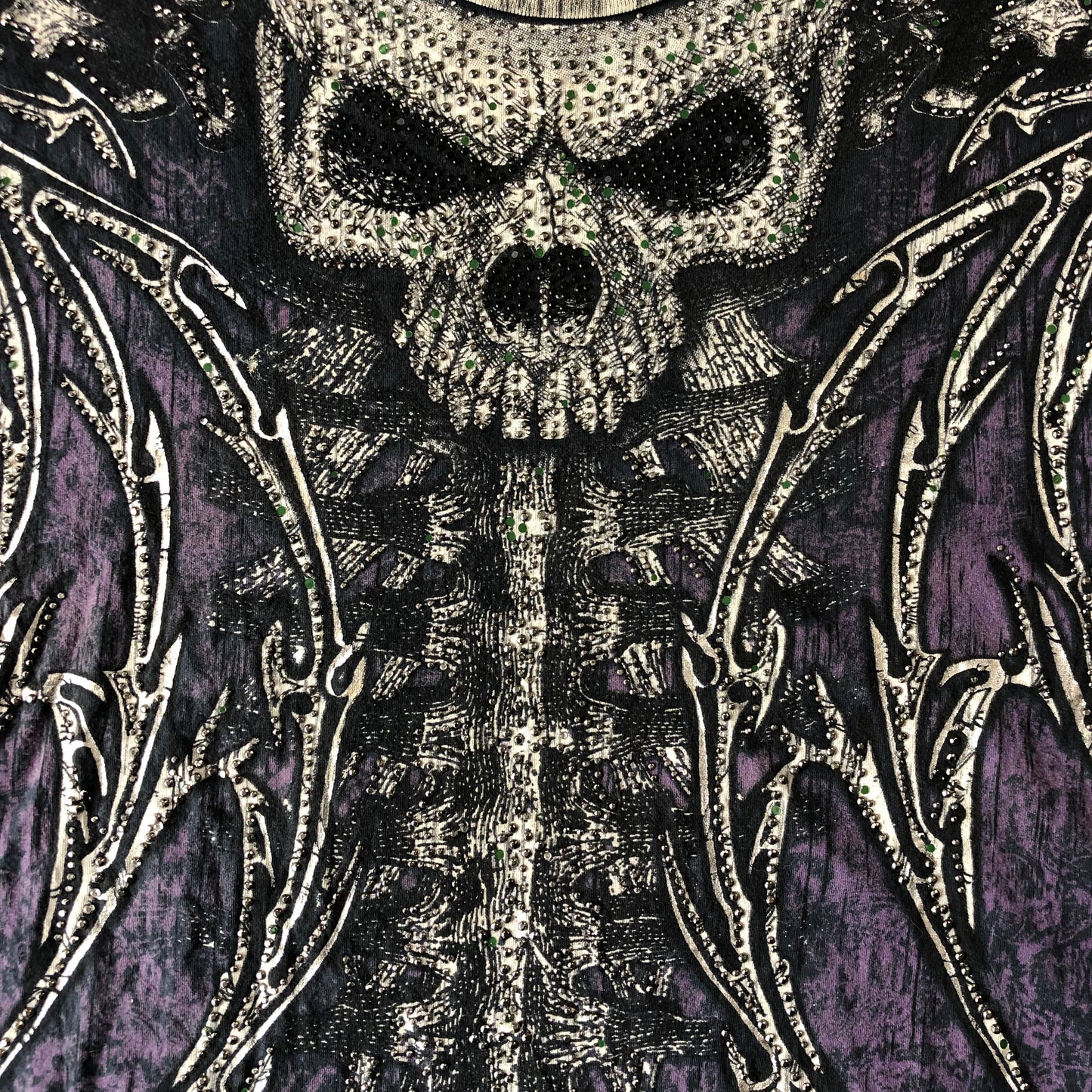 Vintage USA Victorious Rhinestone Skull Wings T Shirt L