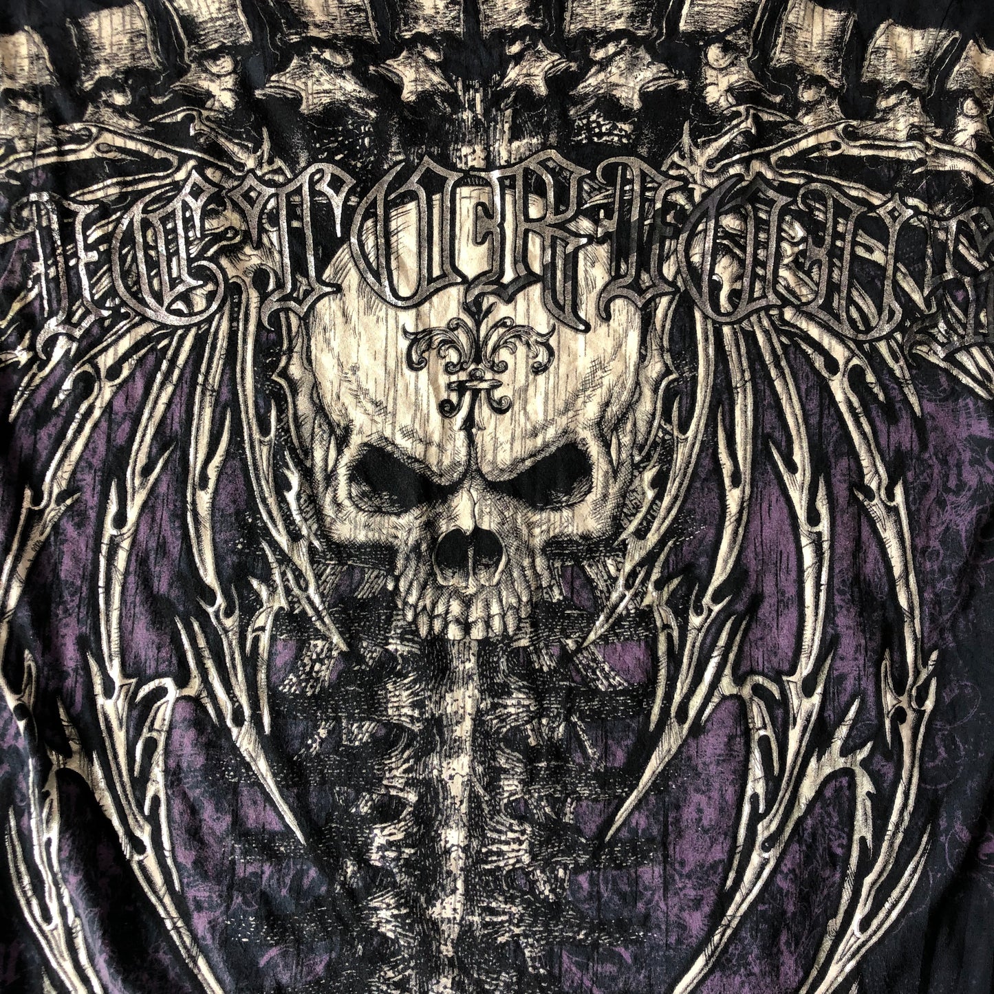 Vintage USA Victorious Rhinestone Skull Wings T Shirt L