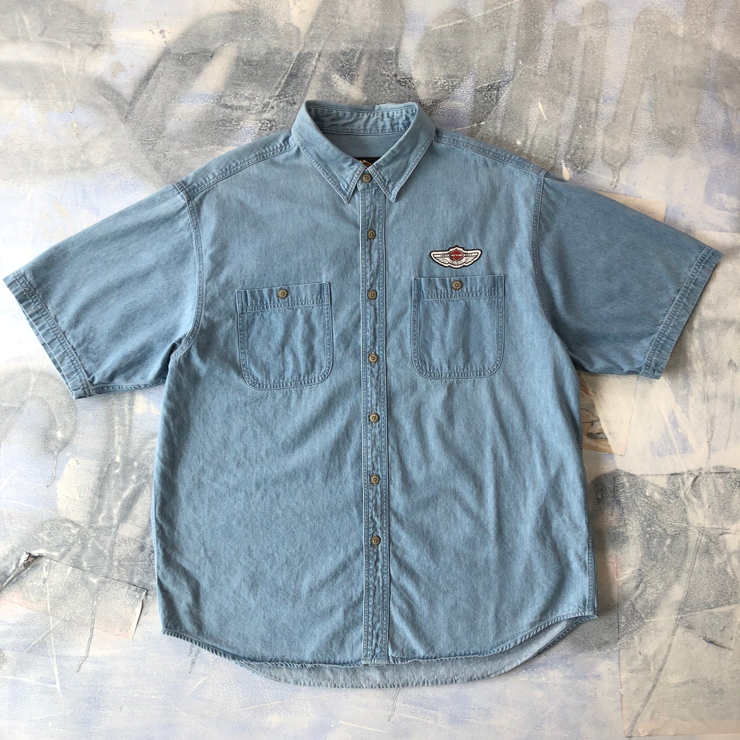 Harley Davidson Motorcycles 100 Years Retro Denim Button Shirt XL