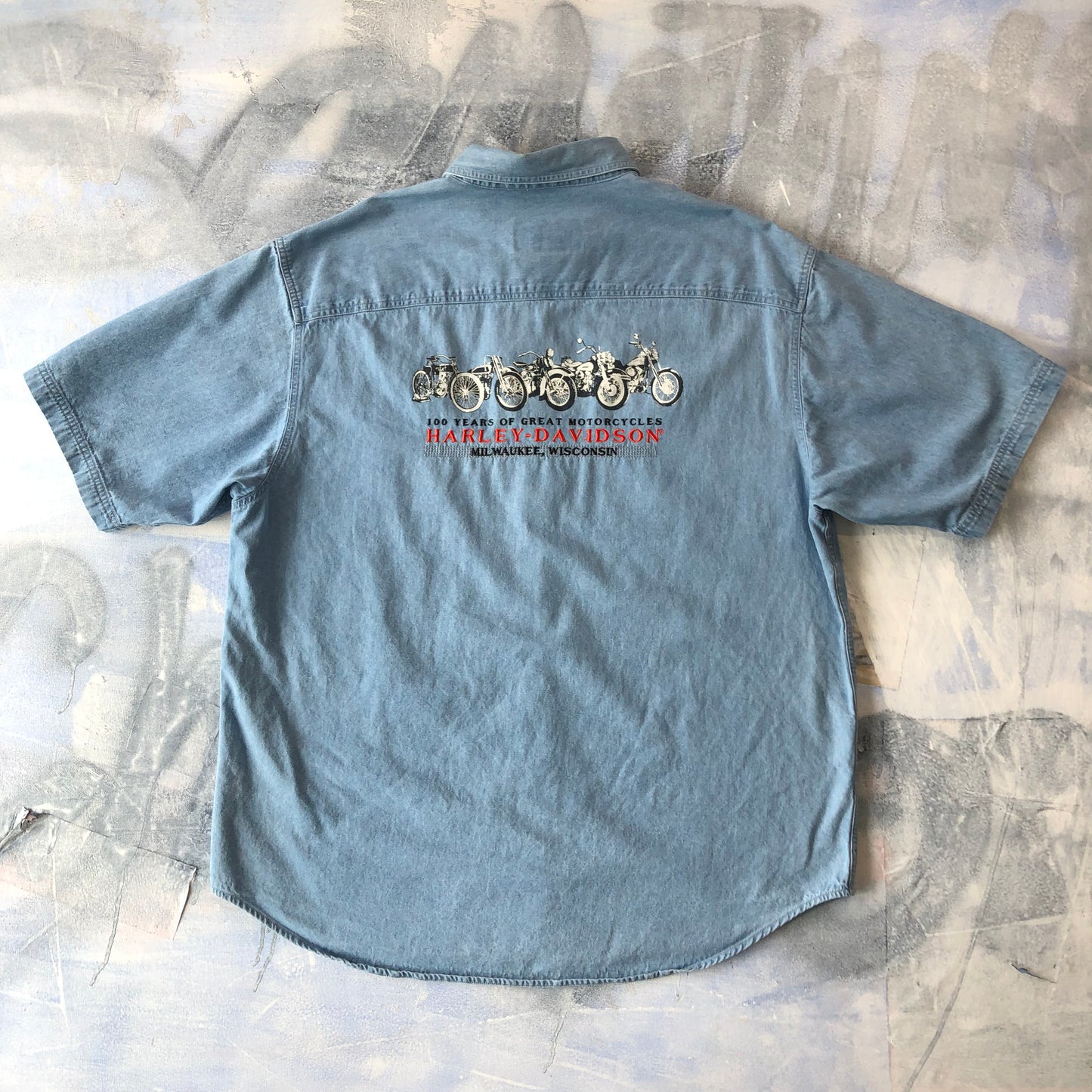 Harley Davidson Motorcycles 100 Years Retro Denim Button Shirt XL