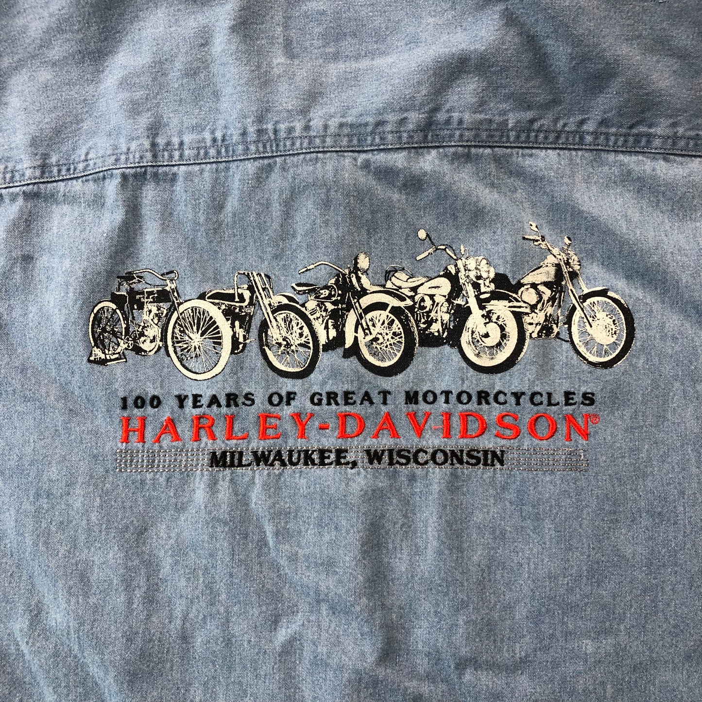 Harley Davidson Motorcycles 100 Years Retro Denim Button Shirt XL