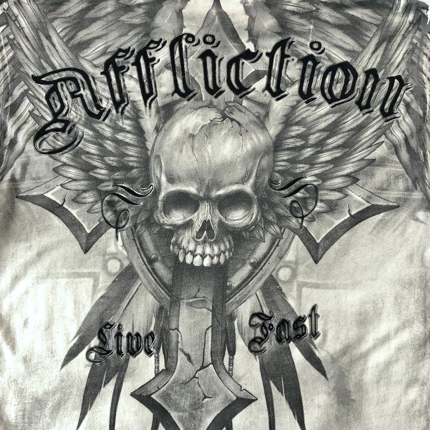 Vintage USA Y2K Affliction Live Fast Cross Skull Wings T Shirt M