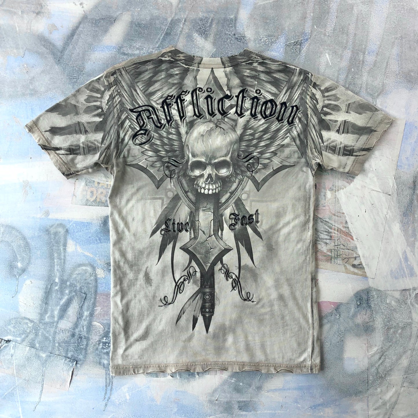Vintage USA Y2K Affliction Live Fast Cross Skull Wings T Shirt M