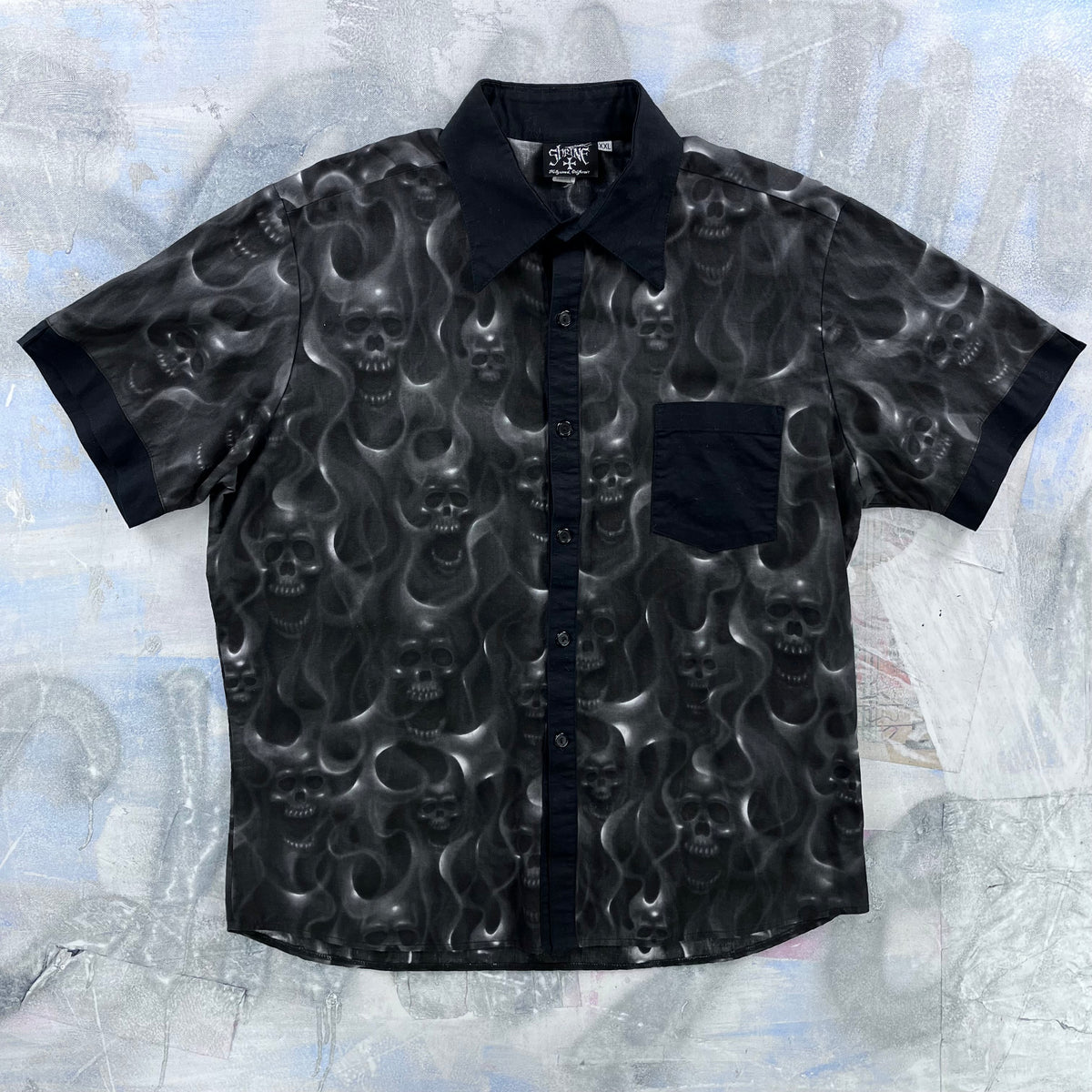 Vintage Shrine Of Hollywood California Skull Flames Gothic Rockabilly Button Shirt XXL