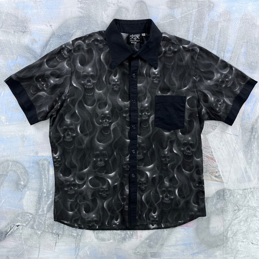 Vintage Shrine Of Hollywood California Skull Flames Gothic Rockabilly Button Shirt XXL