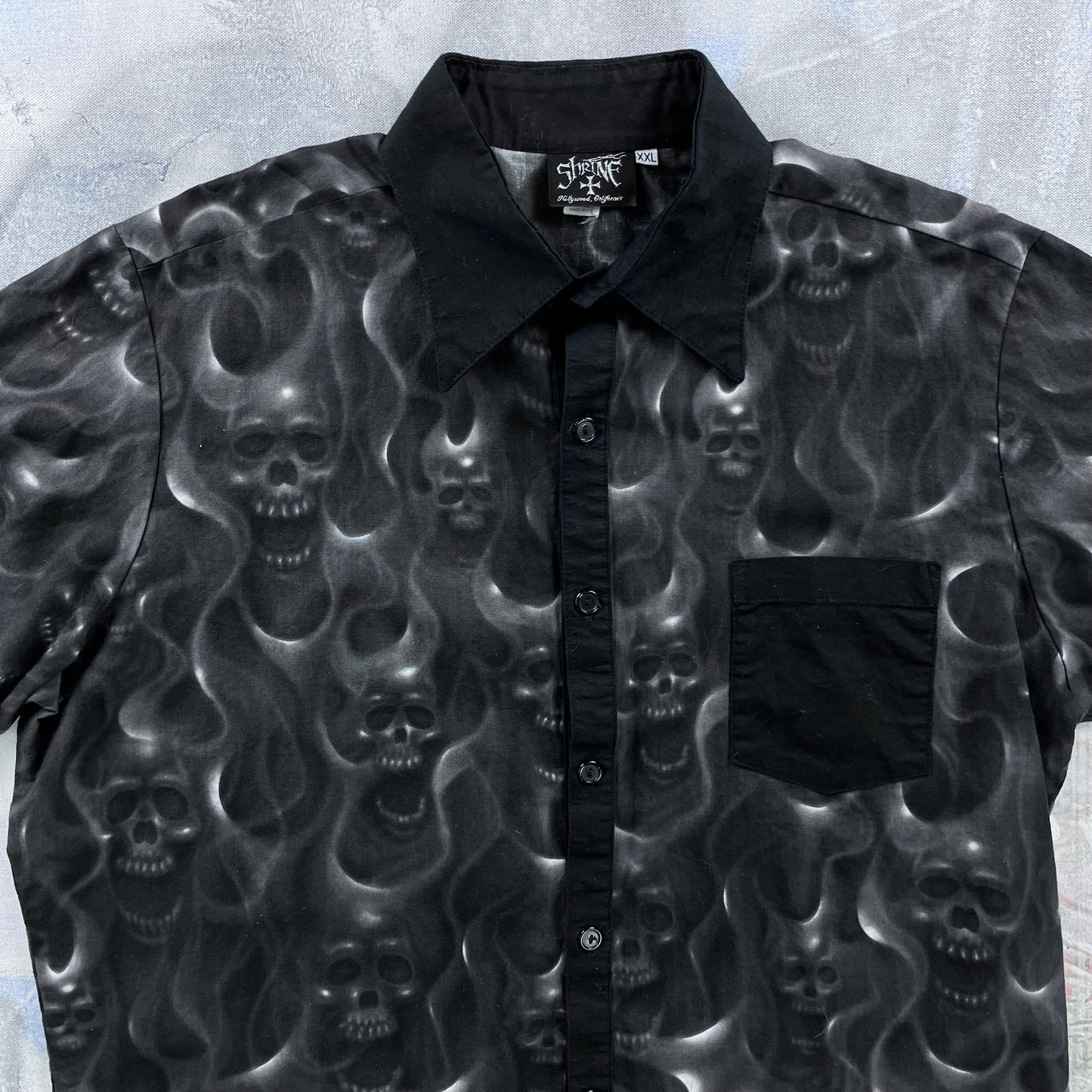 Vintage Shrine Of Hollywood California Skull Flames Gothic Rockabilly Button Shirt XXL