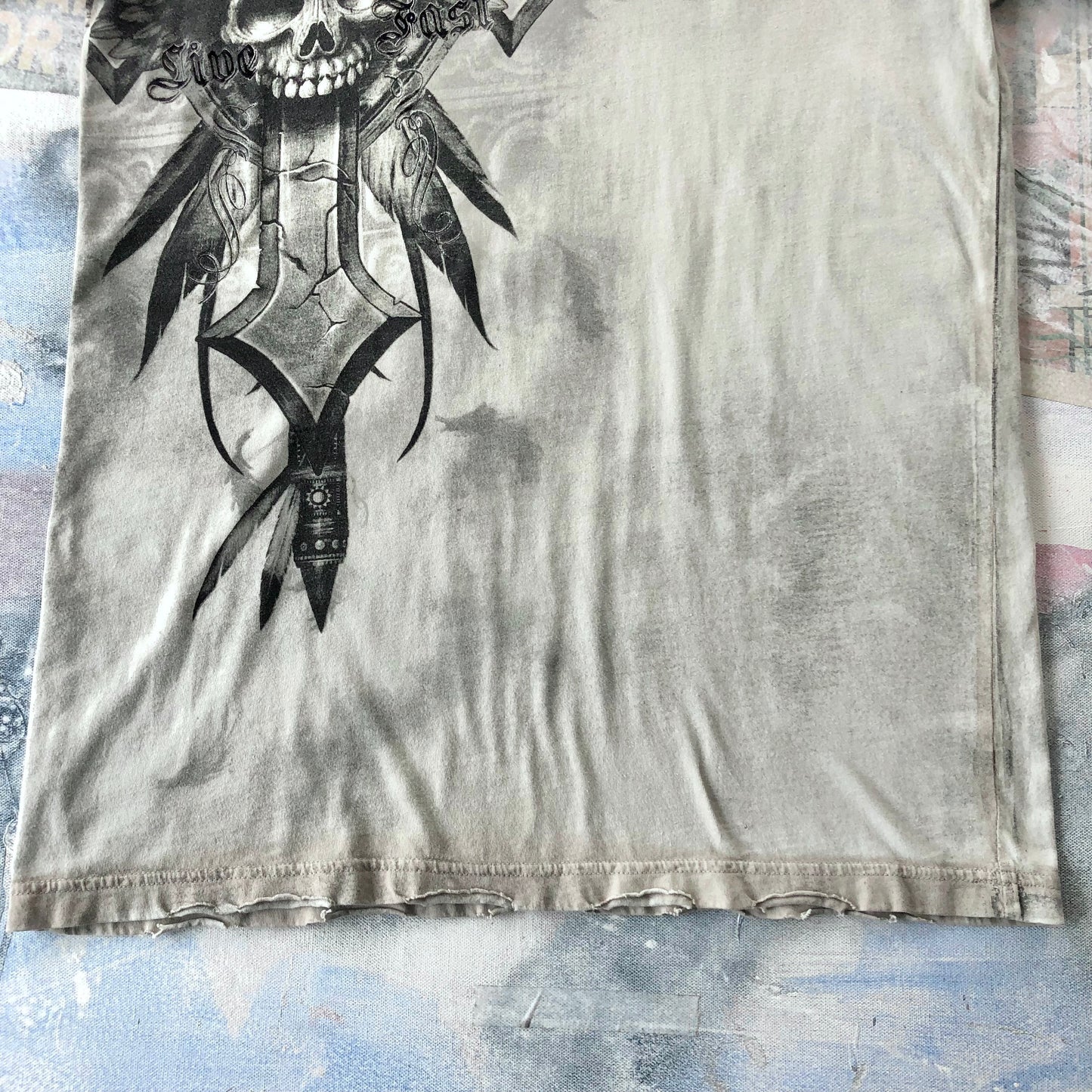 Vintage USA Y2K Affliction Live Fast Cross Skull Wings T Shirt M