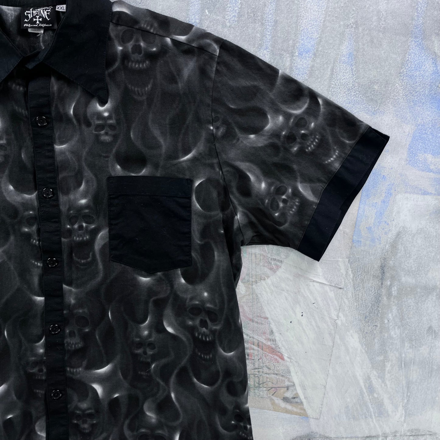 Vintage Shrine Of Hollywood California Skull Flames Gothic Rockabilly Button Shirt XXL