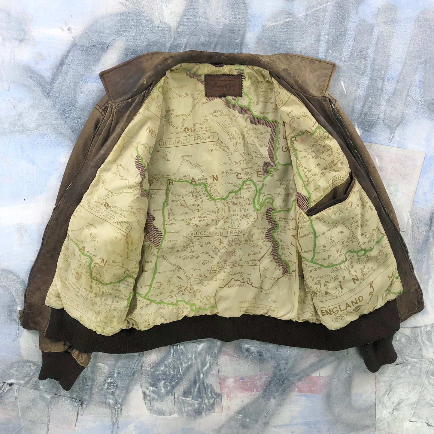 Vintage 80s Aberdeen European Map Lined Aviator Leather Bomber Zip Jacket M
