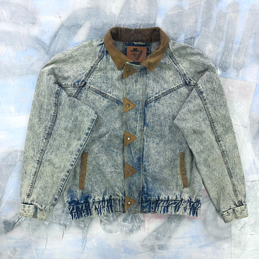 Vintage 80s Bandana Western Acid Wash Leather Collar Denim Button Zip Jacket L