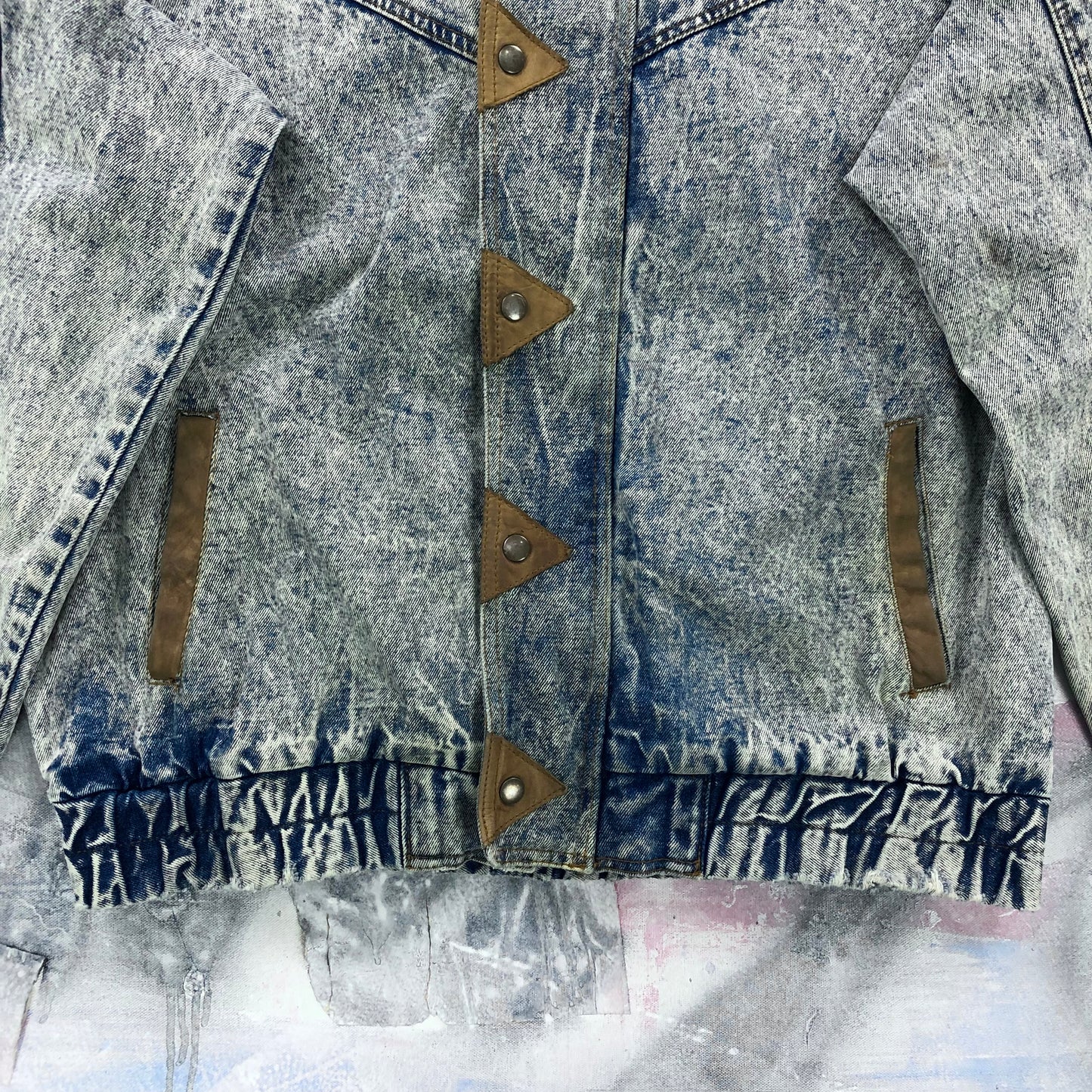 Vintage 80s Bandana Western Acid Wash Leather Collar Denim Button Zip Jacket L
