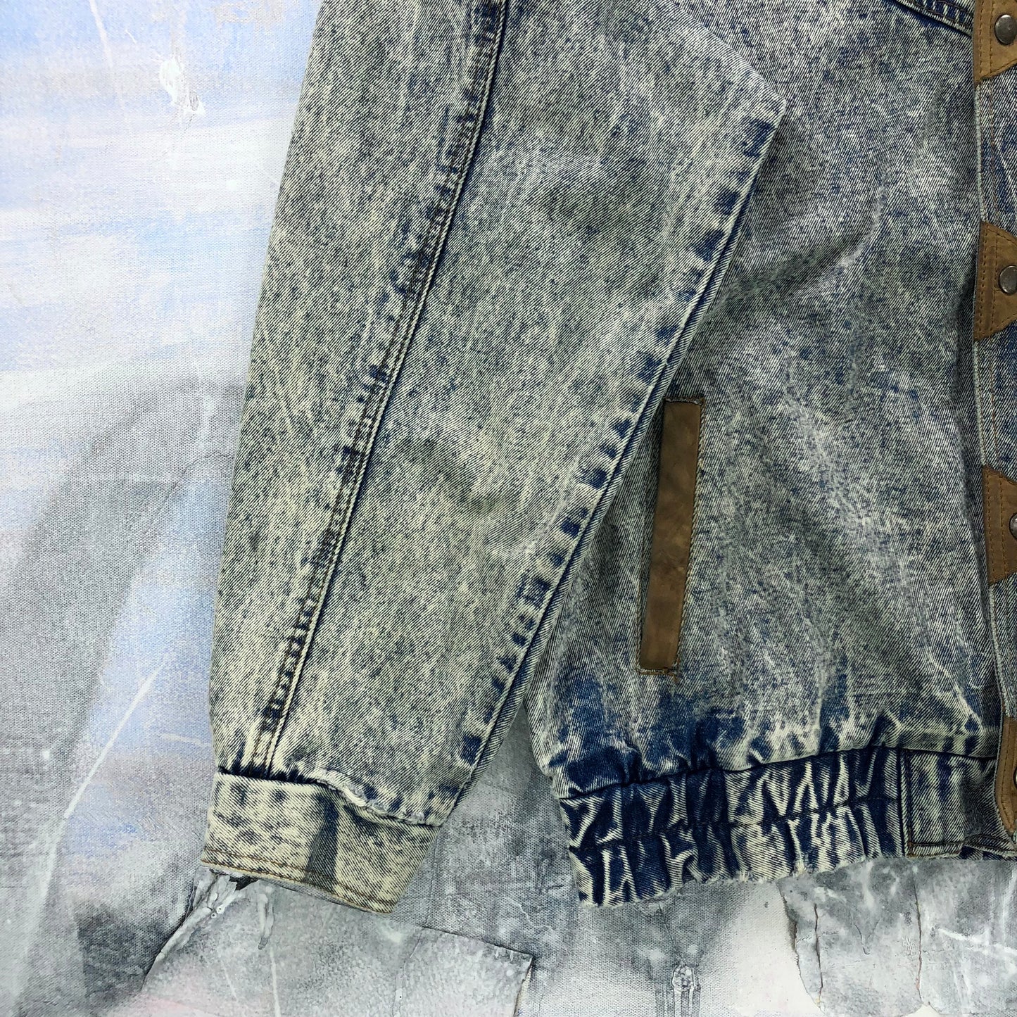 Vintage 80s Bandana Western Acid Wash Leather Collar Denim Button Zip Jacket L