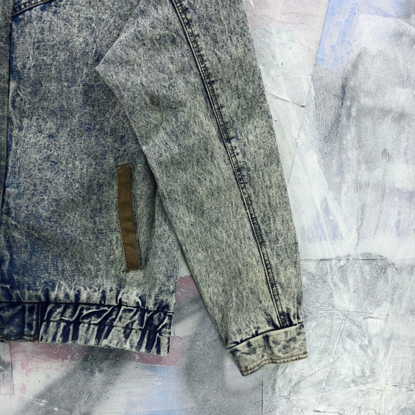 Vintage 80s Bandana Western Acid Wash Leather Collar Denim Button Zip Jacket L