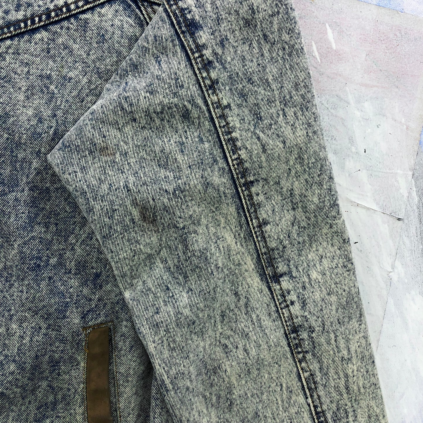 Vintage 80s Bandana Western Acid Wash Leather Collar Denim Button Zip Jacket L