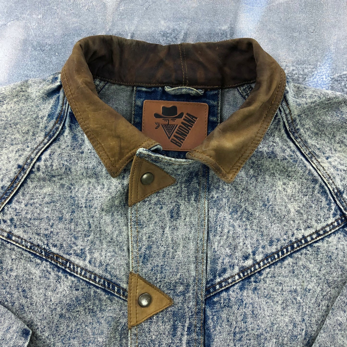 Vintage 80s Bandana Western Acid Wash Leather Collar Denim Button Zip Jacket L