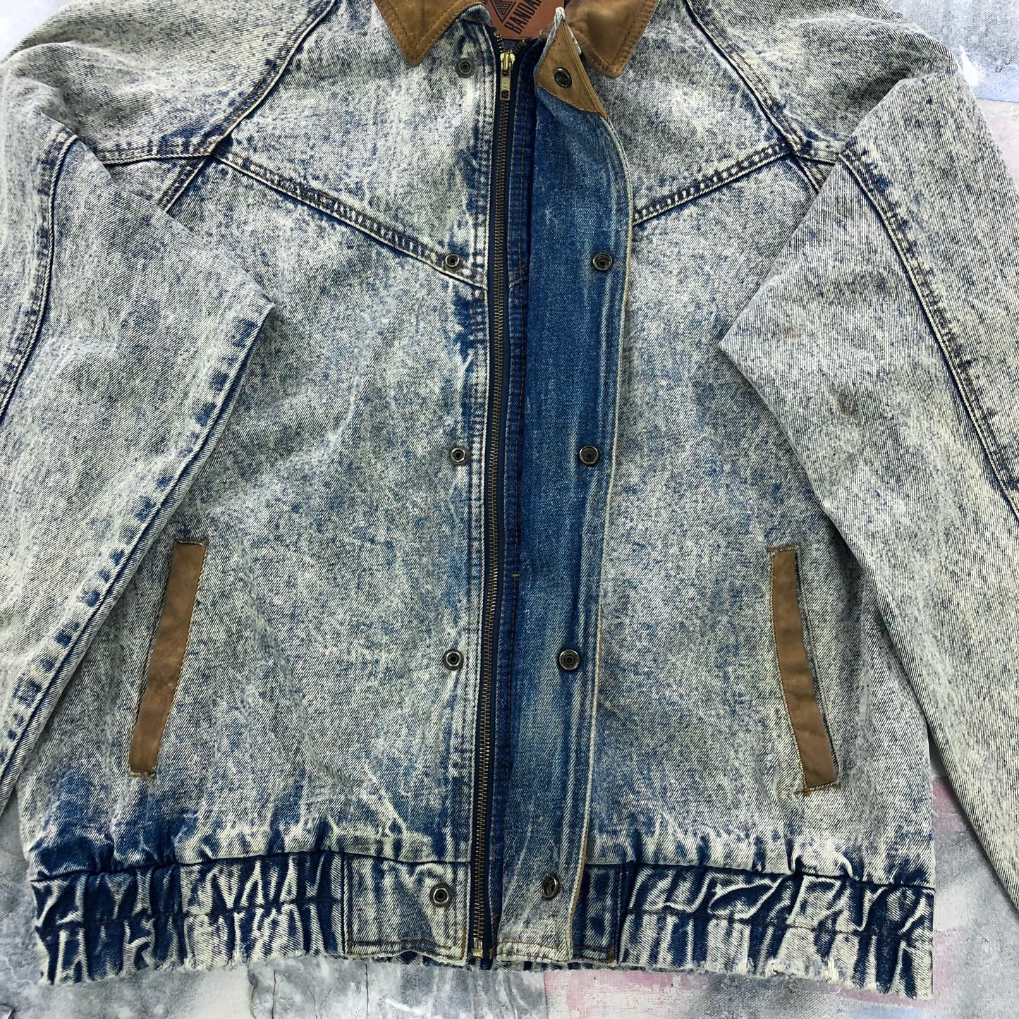 Vintage 80s Bandana Western Acid Wash Leather Collar Denim Button Zip Jacket L