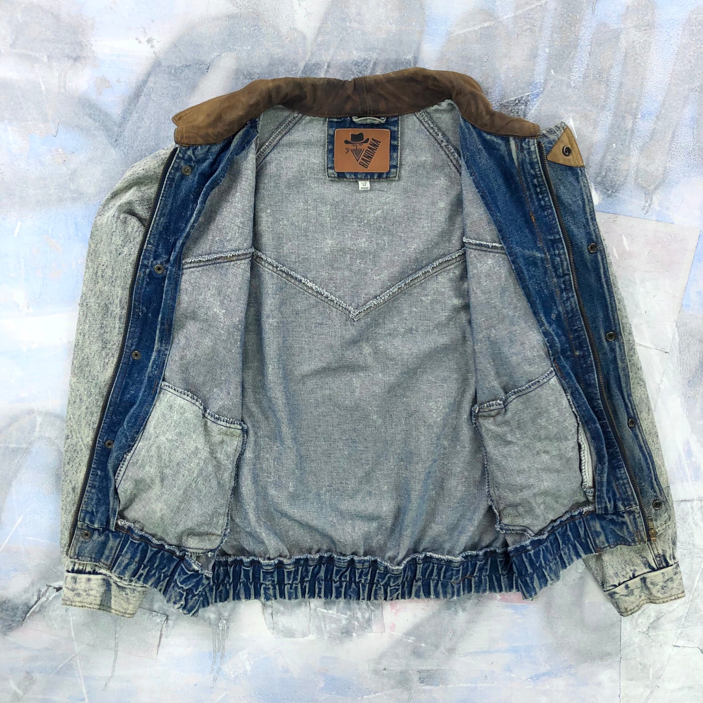 Vintage 80s Bandana Western Acid Wash Leather Collar Denim Button Zip Jacket L