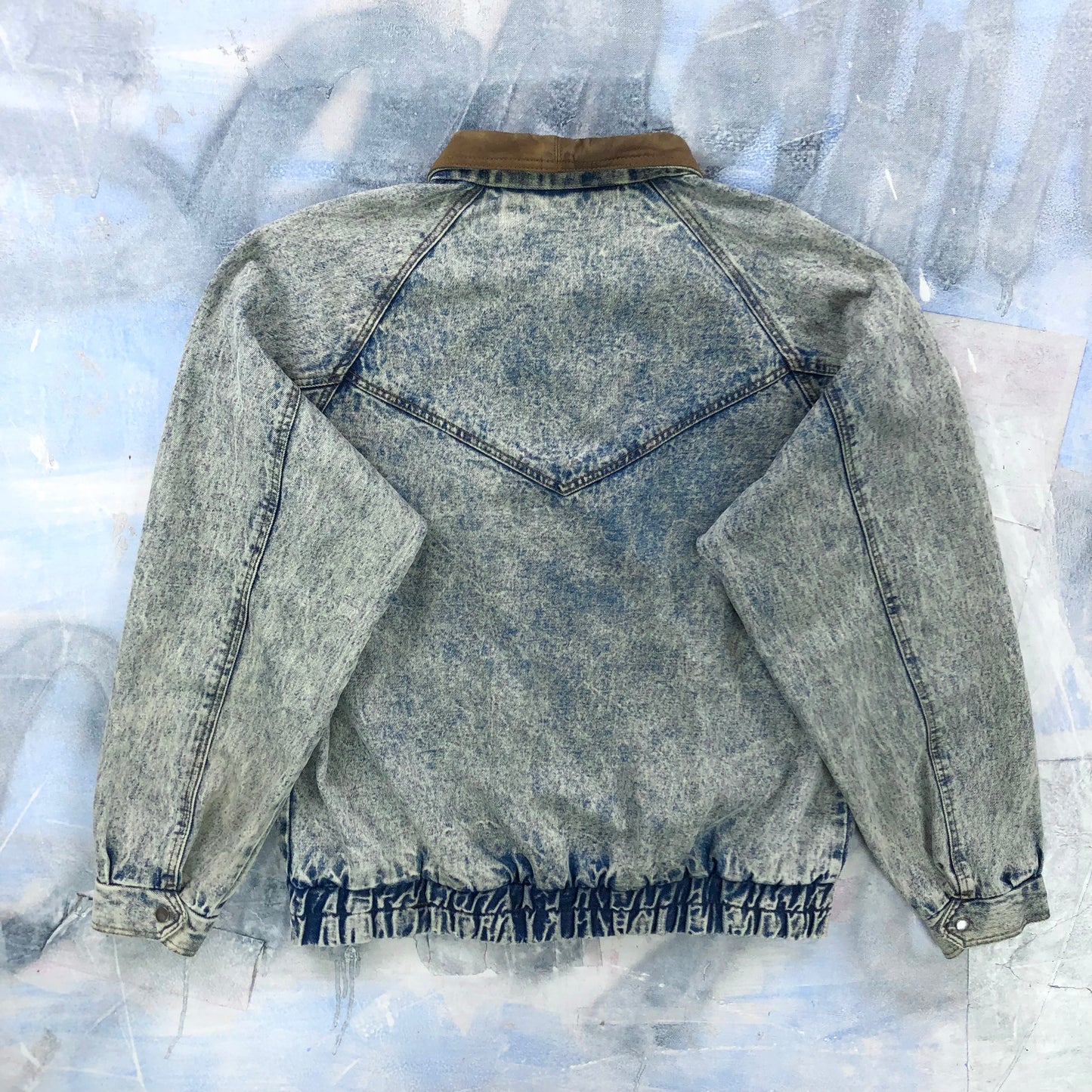 Vintage 80s Bandana Western Acid Wash Leather Collar Denim Button Zip Jacket L