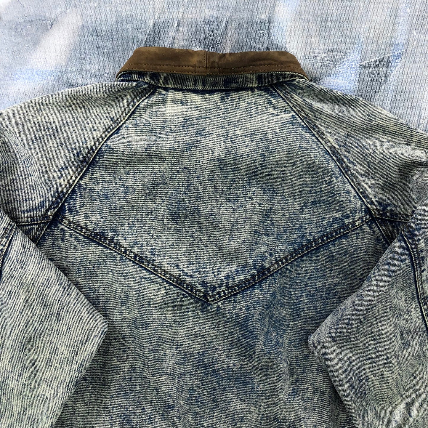 Vintage 80s Bandana Western Acid Wash Leather Collar Denim Button Zip Jacket L