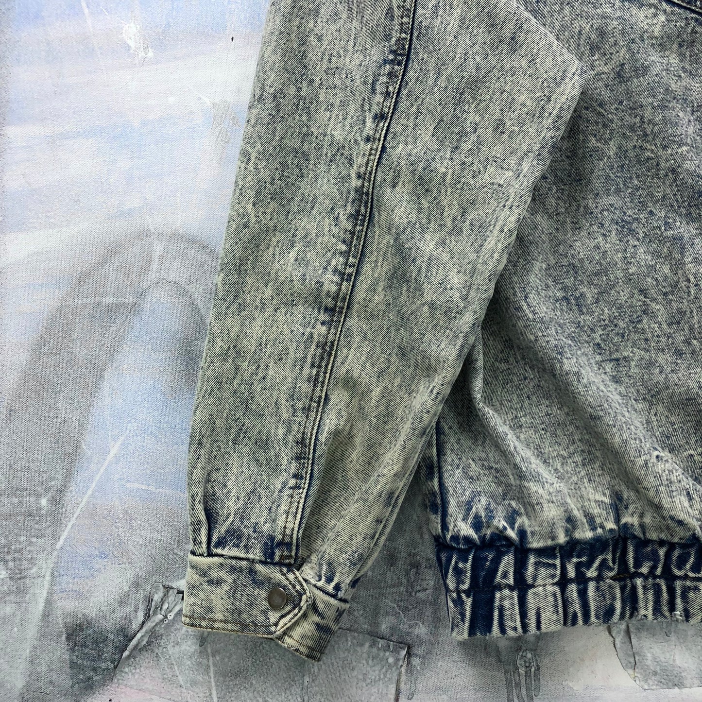Vintage 80s Bandana Western Acid Wash Leather Collar Denim Button Zip Jacket L