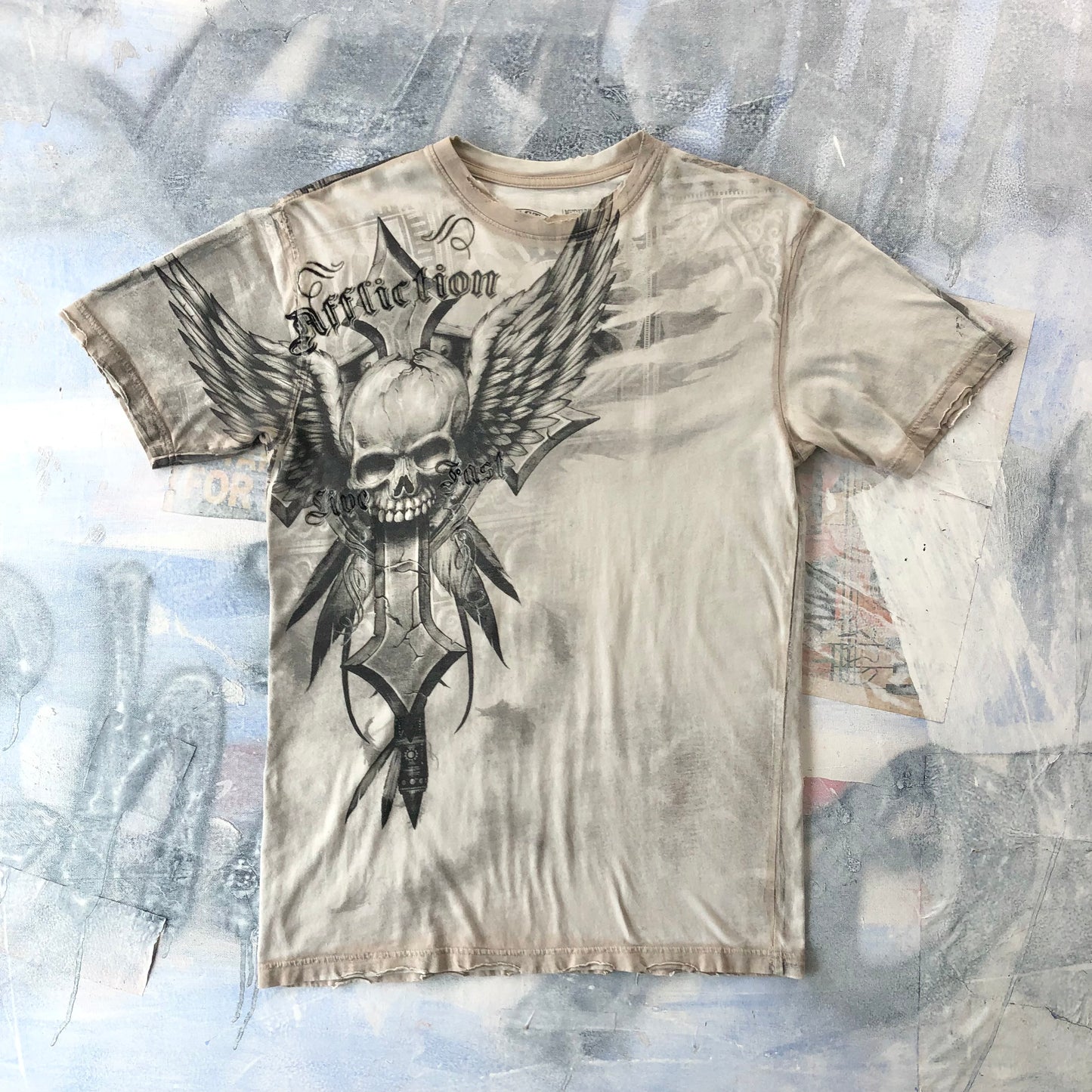 Vintage USA Y2K Affliction Live Fast Cross Skull Wings T Shirt M