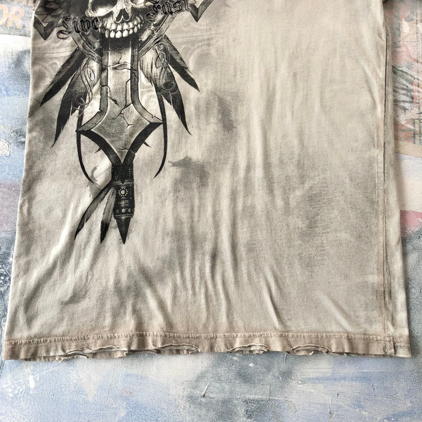 Vintage USA Y2K Affliction Live Fast Cross Skull Wings T Shirt M