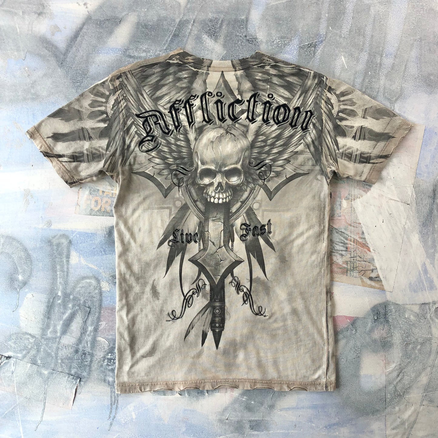 Vintage USA Y2K Affliction Live Fast Cross Skull Wings T Shirt M