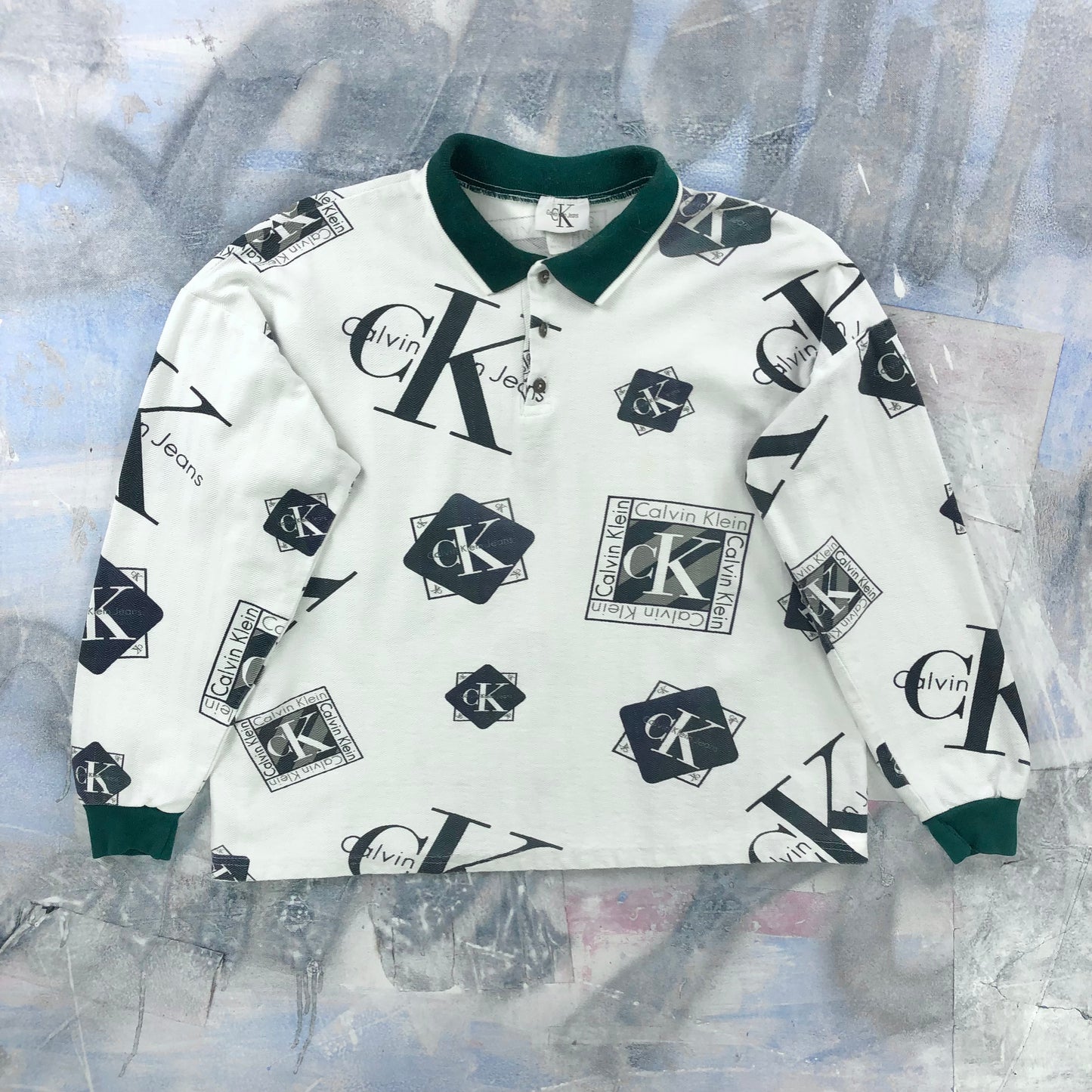 Vintage 90s USA Calvin Klein AOP Logo Long Sleeve Polo Shirt XL
