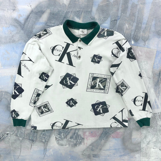 Vintage 90s USA Calvin Klein AOP Logo Long Sleeve Polo Shirt XL