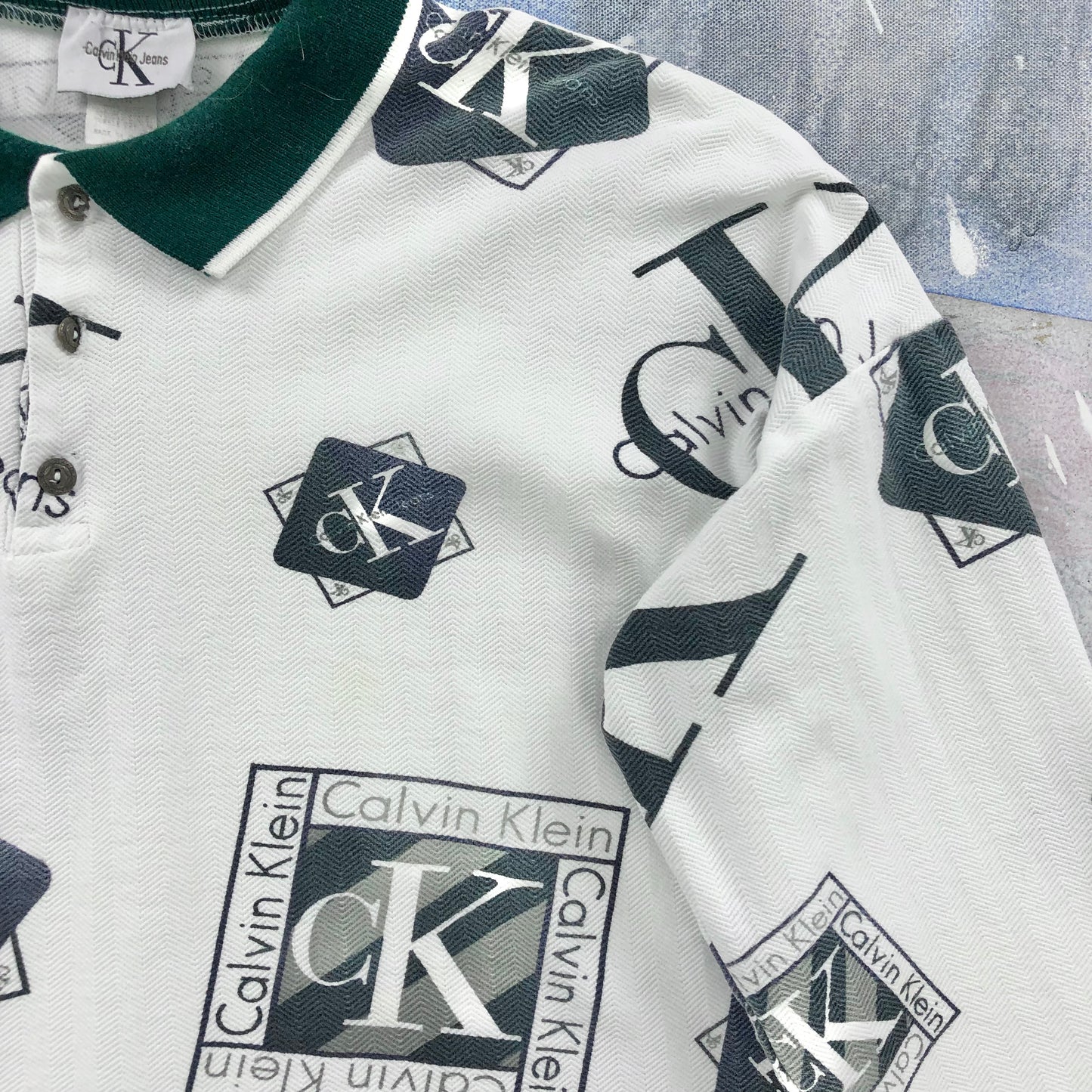 Vintage 90s USA Calvin Klein AOP Logo Long Sleeve Polo Shirt XL