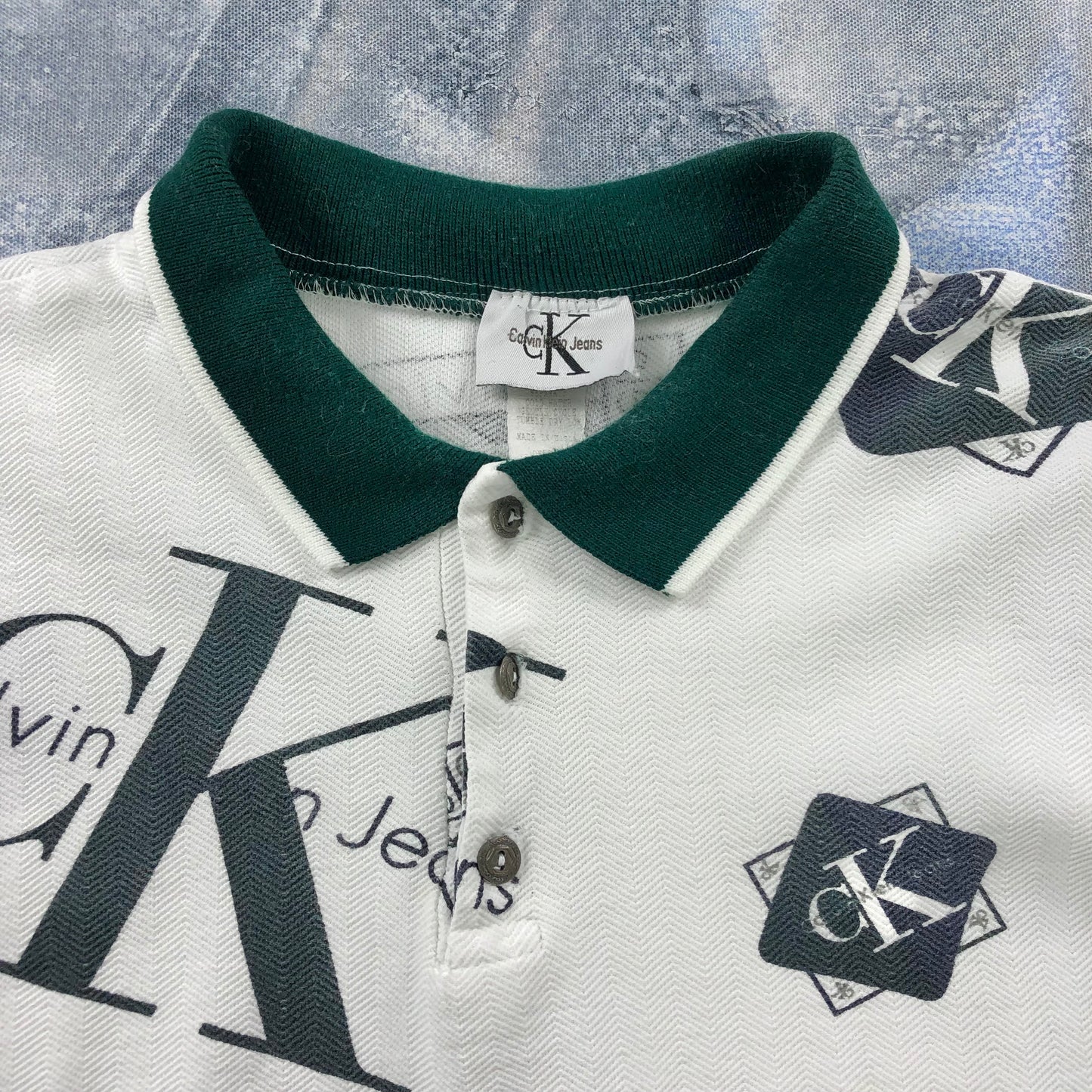 Vintage 90s USA Calvin Klein AOP Logo Long Sleeve Polo Shirt XL