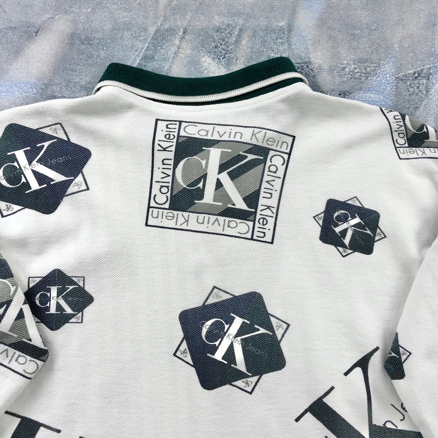 Vintage 90s USA Calvin Klein AOP Logo Long Sleeve Polo Shirt XL