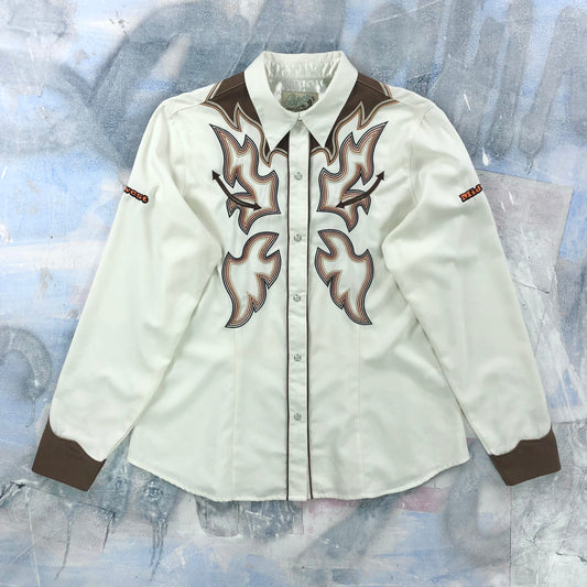 Vintage Roper Western Rodeo Pearl Snap Flame Embroided Button Shirt XL