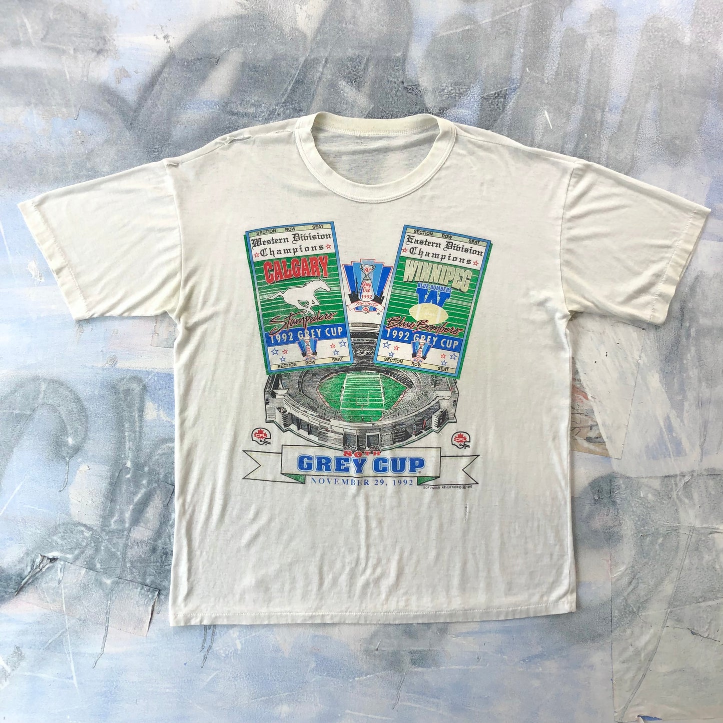 Vintage 1992 80th Grey Cup Calgary Stampeders Vs Winnipeg Blue Bombers Single Stitch T Shirt XL