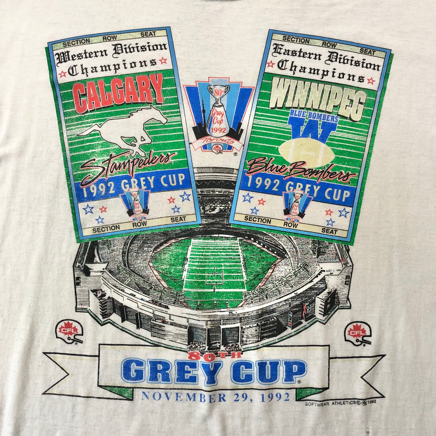 Vintage 1992 80th Grey Cup Calgary Stampeders Vs Winnipeg Blue Bombers Single Stitch T Shirt XL