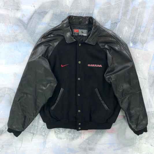 Vintage Nike Team Canada Quilted Lined Wool Leather Button Jacket L