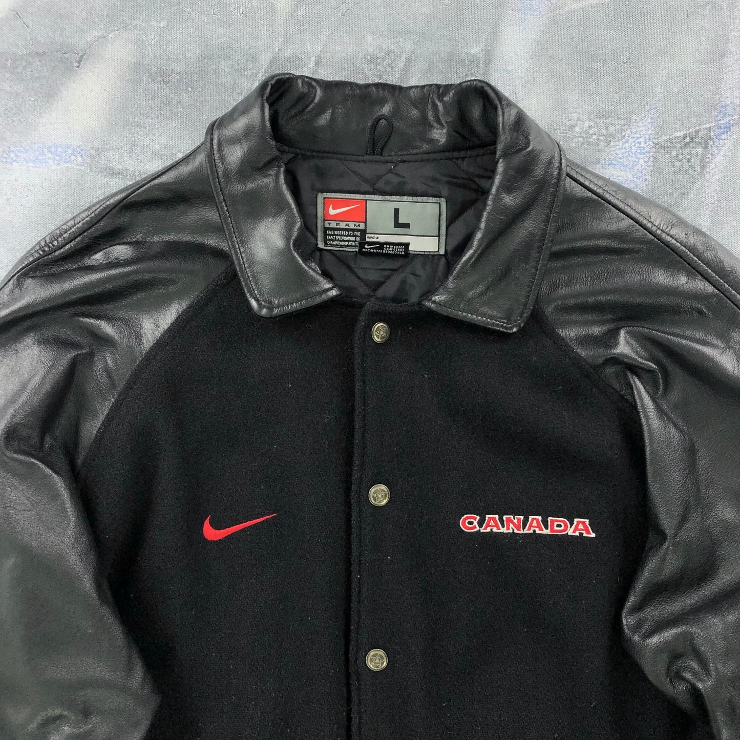 Vintage Nike Team Canada Quilted Lined Wool Leather Button Jacket L
