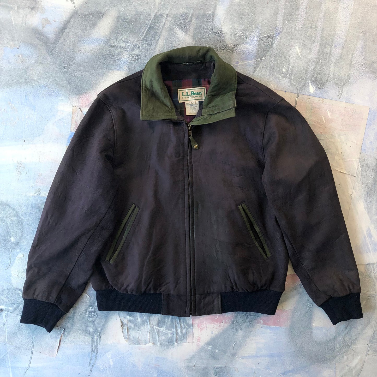 Vintage USA L.L Bean Plaid Lined Suede Leather Bomber Zip Jacket M