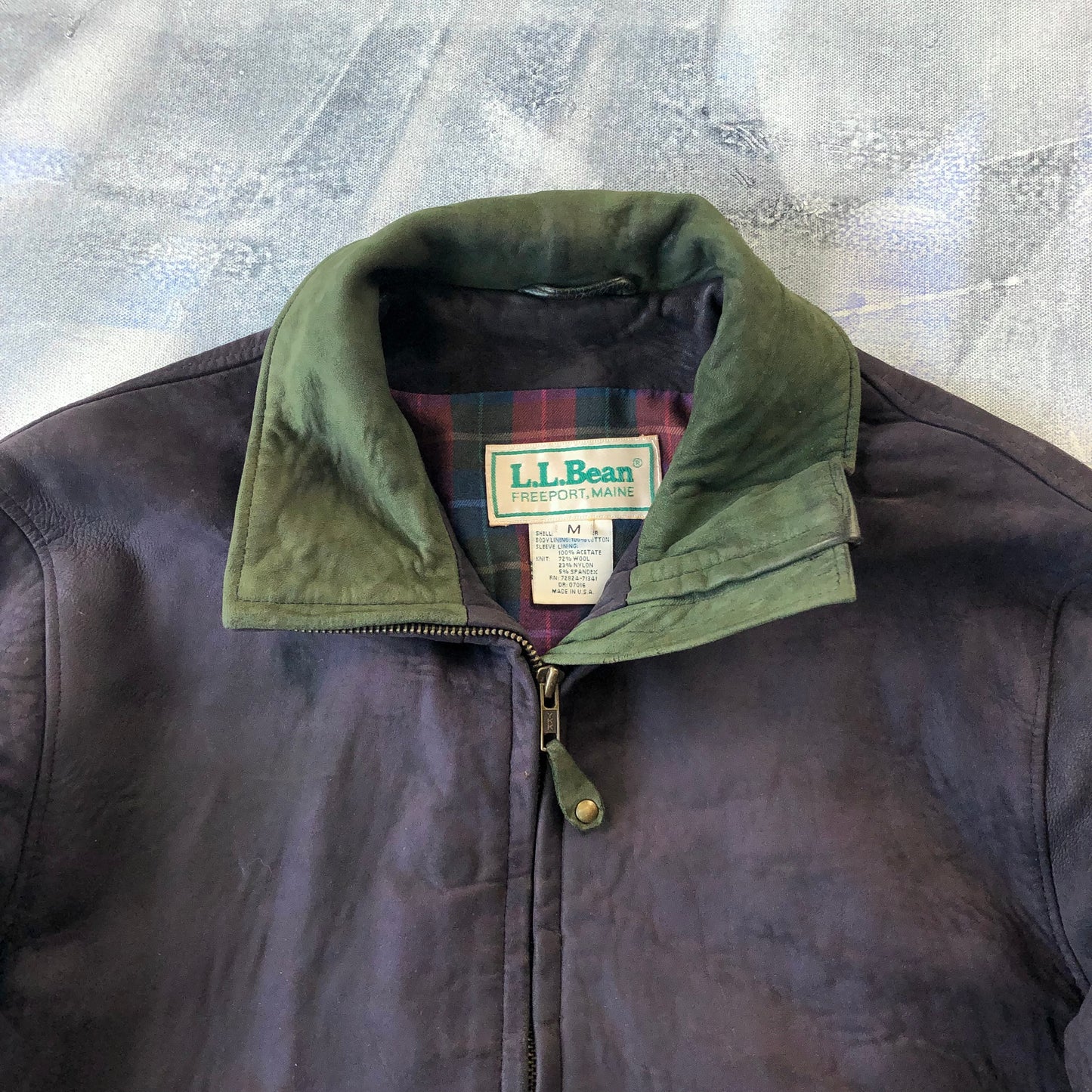 Vintage USA L.L Bean Plaid Lined Suede Leather Bomber Zip Jacket M