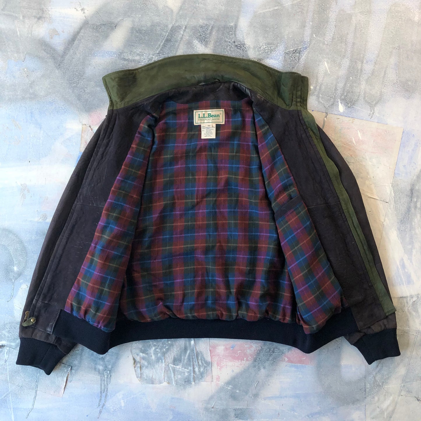 Vintage USA L.L Bean Plaid Lined Suede Leather Bomber Zip Jacket M