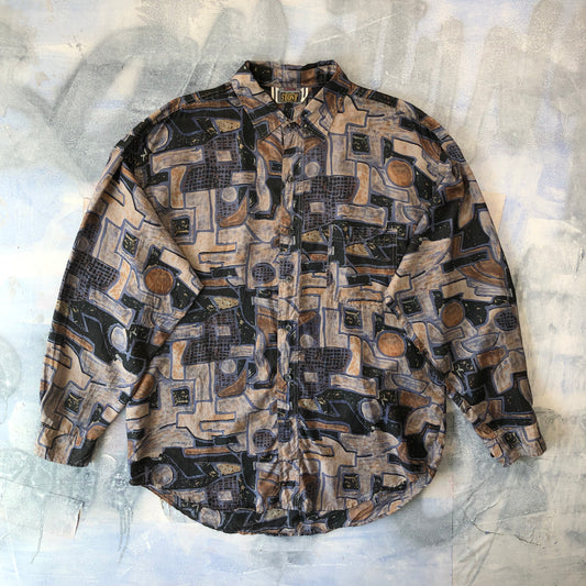 Vintage Abstract Original Silk Stone Button Shirt L