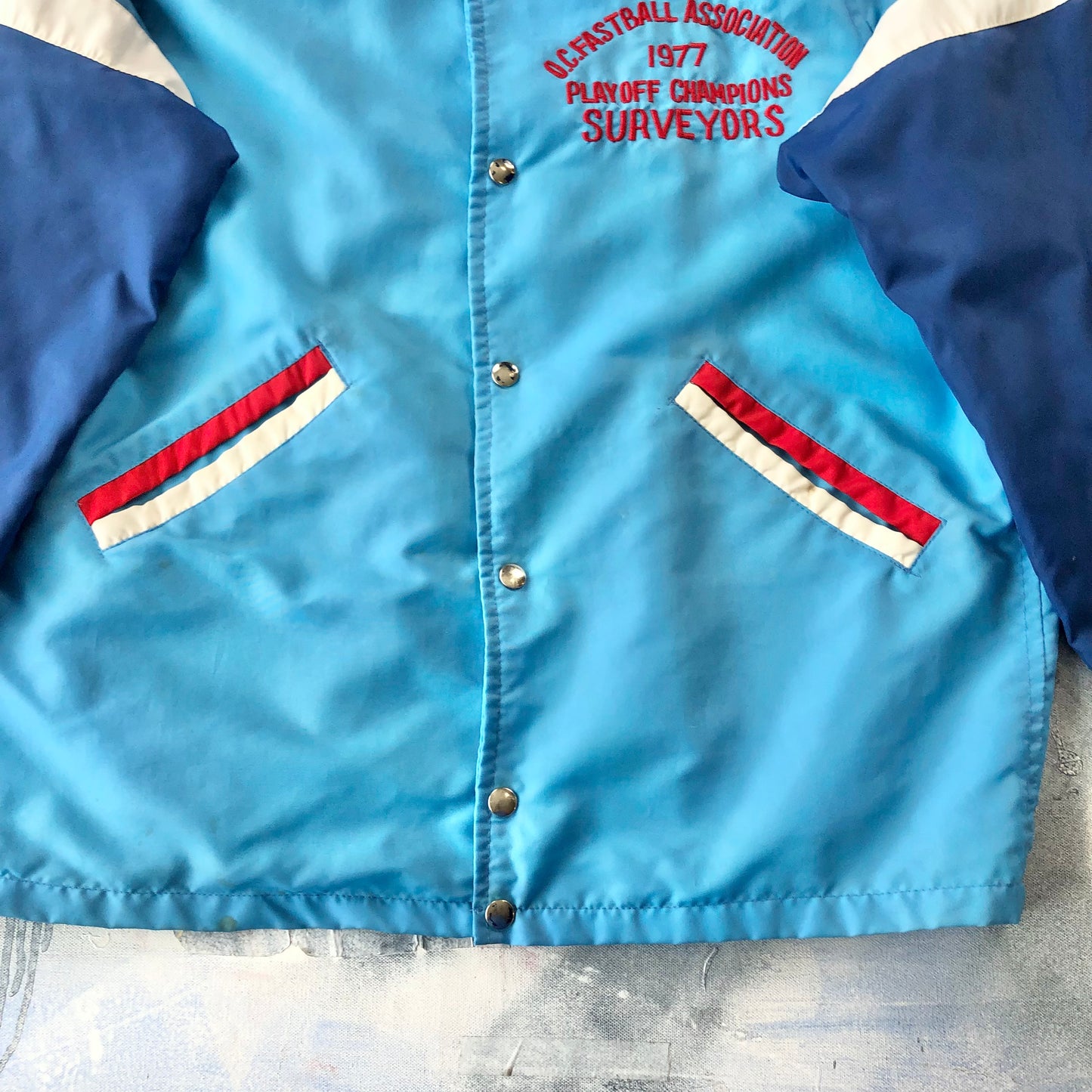 Vintage 70s O.C Fastball Association Playoff Champions Blanket Lined Coach Button Jacket XL