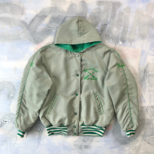 Vintage Brass Rail Broomball Quilted Lined Hooded Bomber Button Jacket L