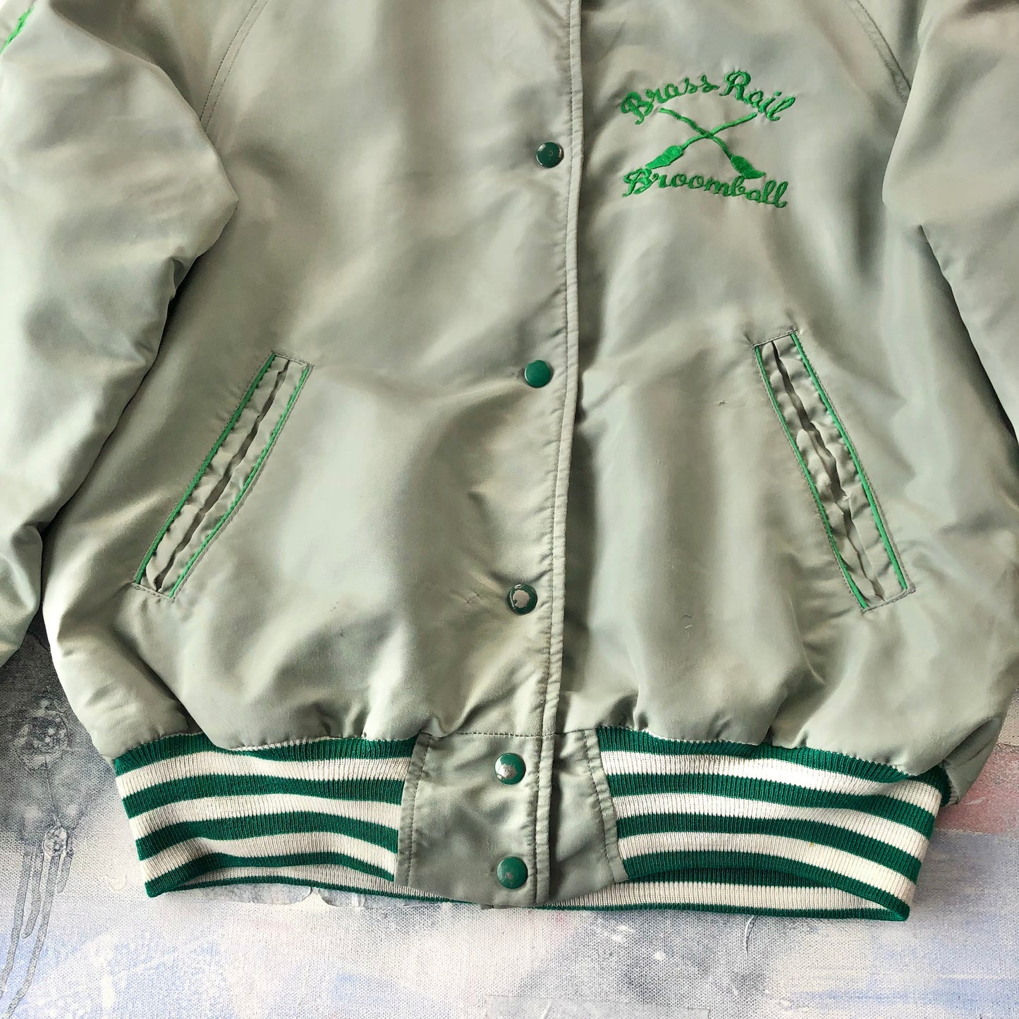 Vintage Brass Rail Broomball Quilted Lined Hooded Bomber Button Jacket L