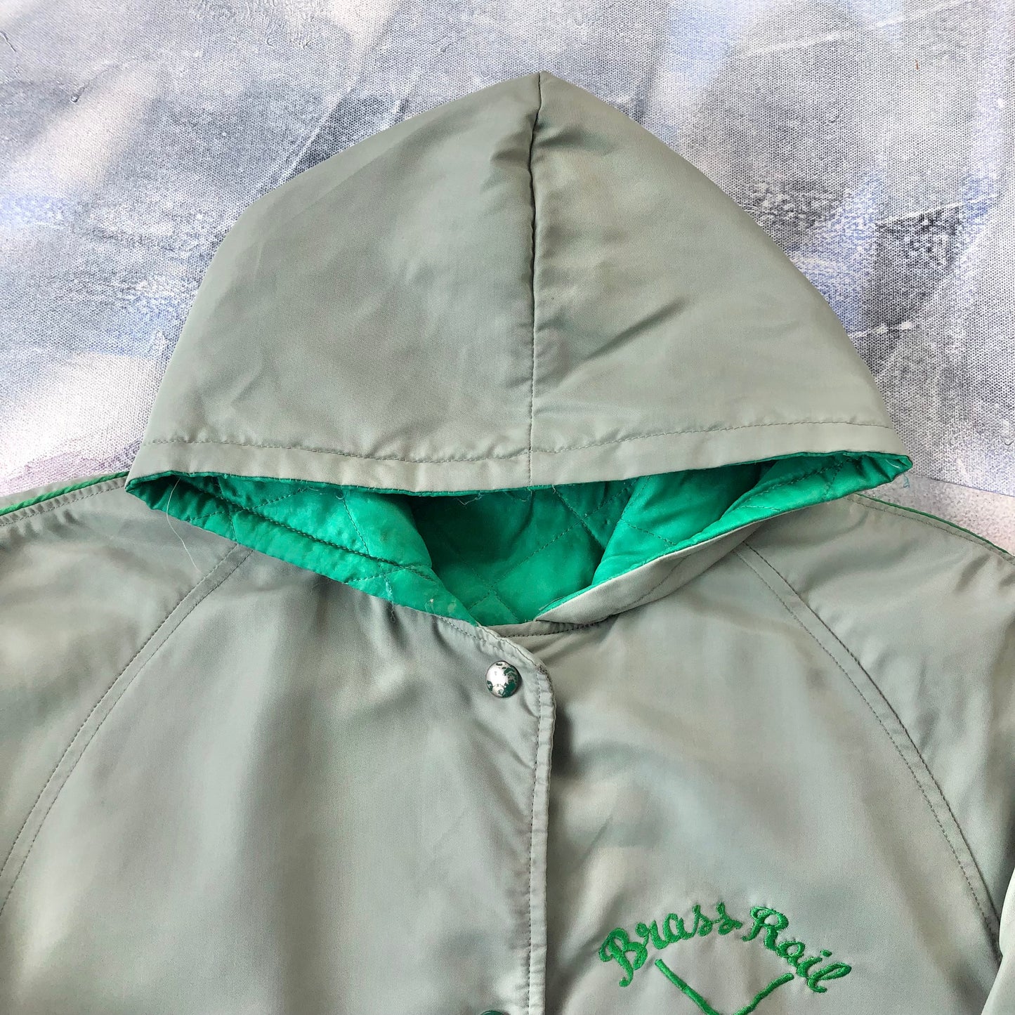 Vintage Brass Rail Broomball Quilted Lined Hooded Bomber Button Jacket L