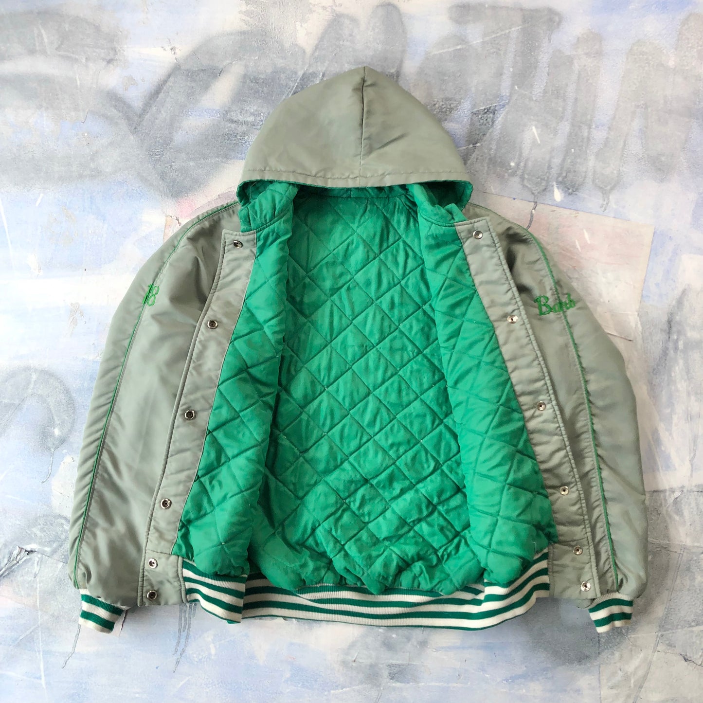 Vintage Brass Rail Broomball Quilted Lined Hooded Bomber Button Jacket L