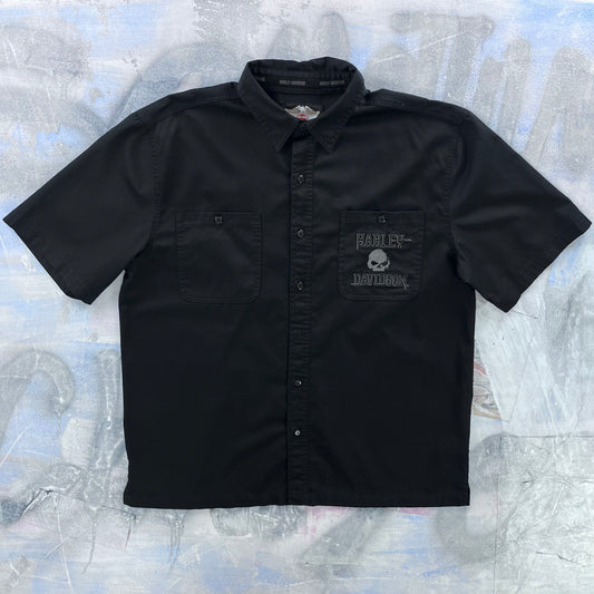 Harley Davidson Motorcycles Willie G Skull Tribal Embroided Button Shirt XL